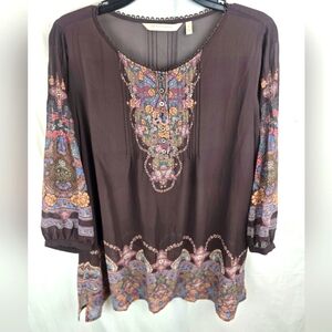 Soft Surrounding Women's Brown Bohemian Multicolor Cottagecore Blouse Sz L